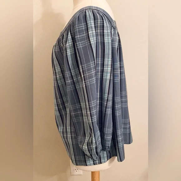 LC Lauren Conrad Teal Green Plaid Square Neck Balloon Sleeves Peasant Top Size M - Picture 10 of 15